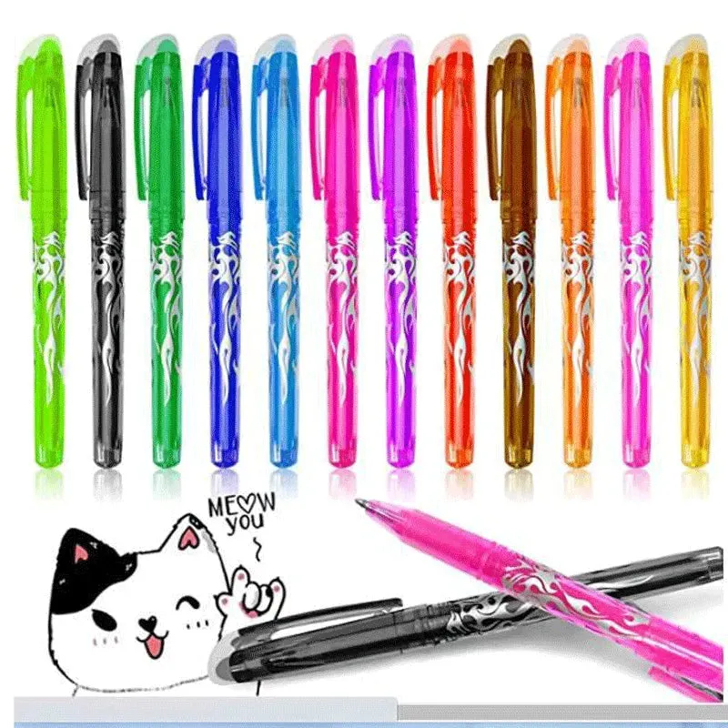 12 Piece Multi Colour Erasable Gel Pens 0.7mm Kawaii Writing Drawing Set