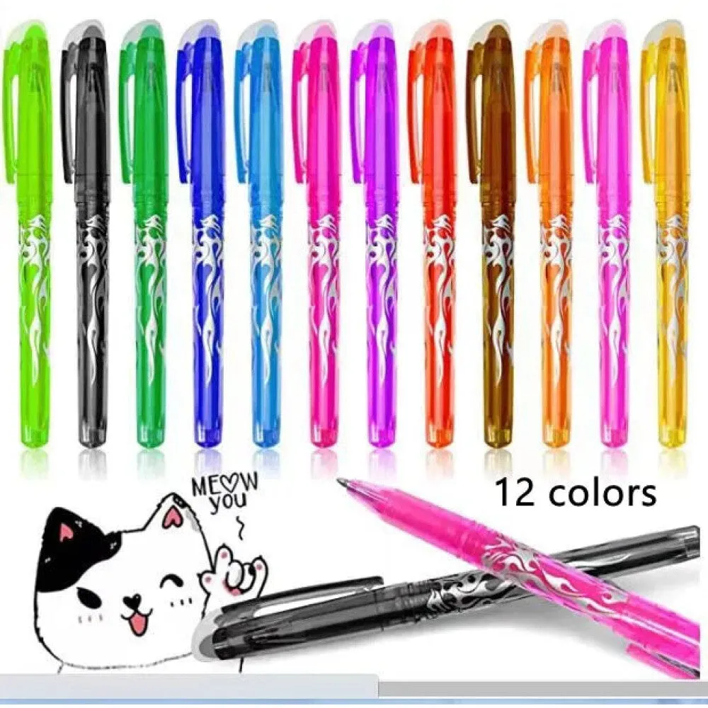 12 Piece Multi Colour Erasable Gel Pens 0.7mm Kawaii Writing Drawing Set