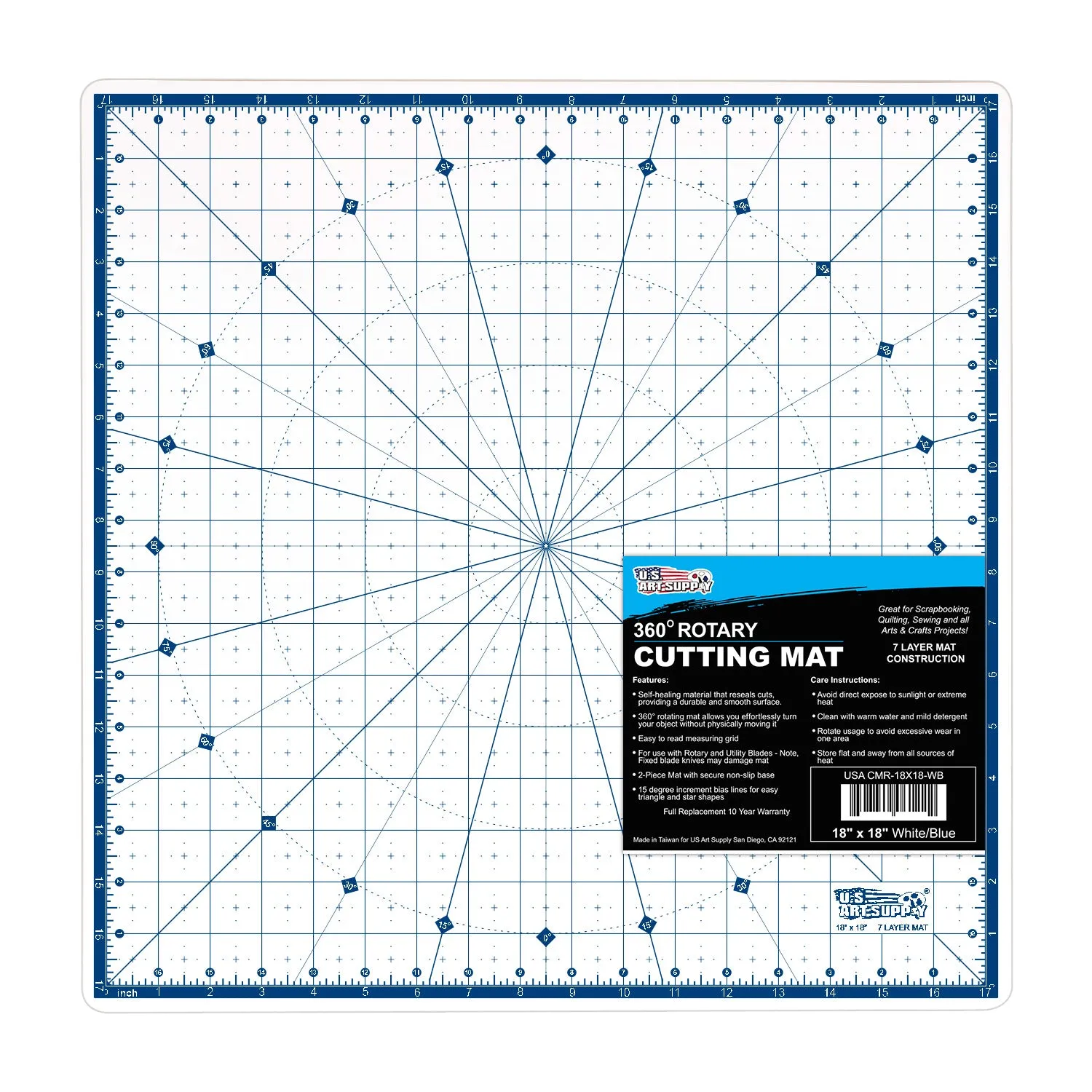 18" x 18" Rotary White/Blue High Contrast Professional Self Healing 7-Layer Durable Non-Slip Cutting Mat Great for Scrapbooking, Quilting, Sewing