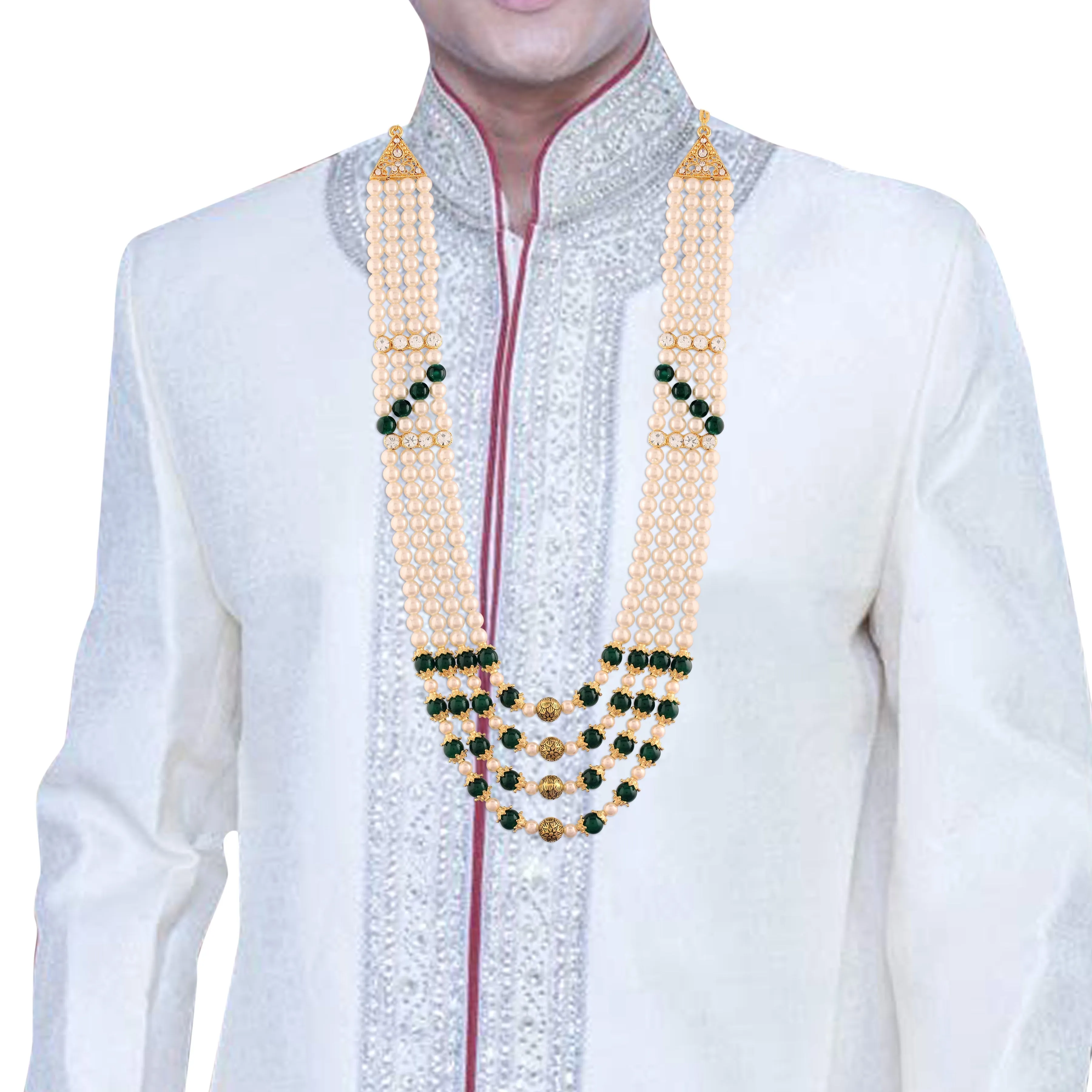 3 Layered Traditional Gold Plated Dulha Moti Mala with Stone Maharaja Haar/Groom Necklace For Men
