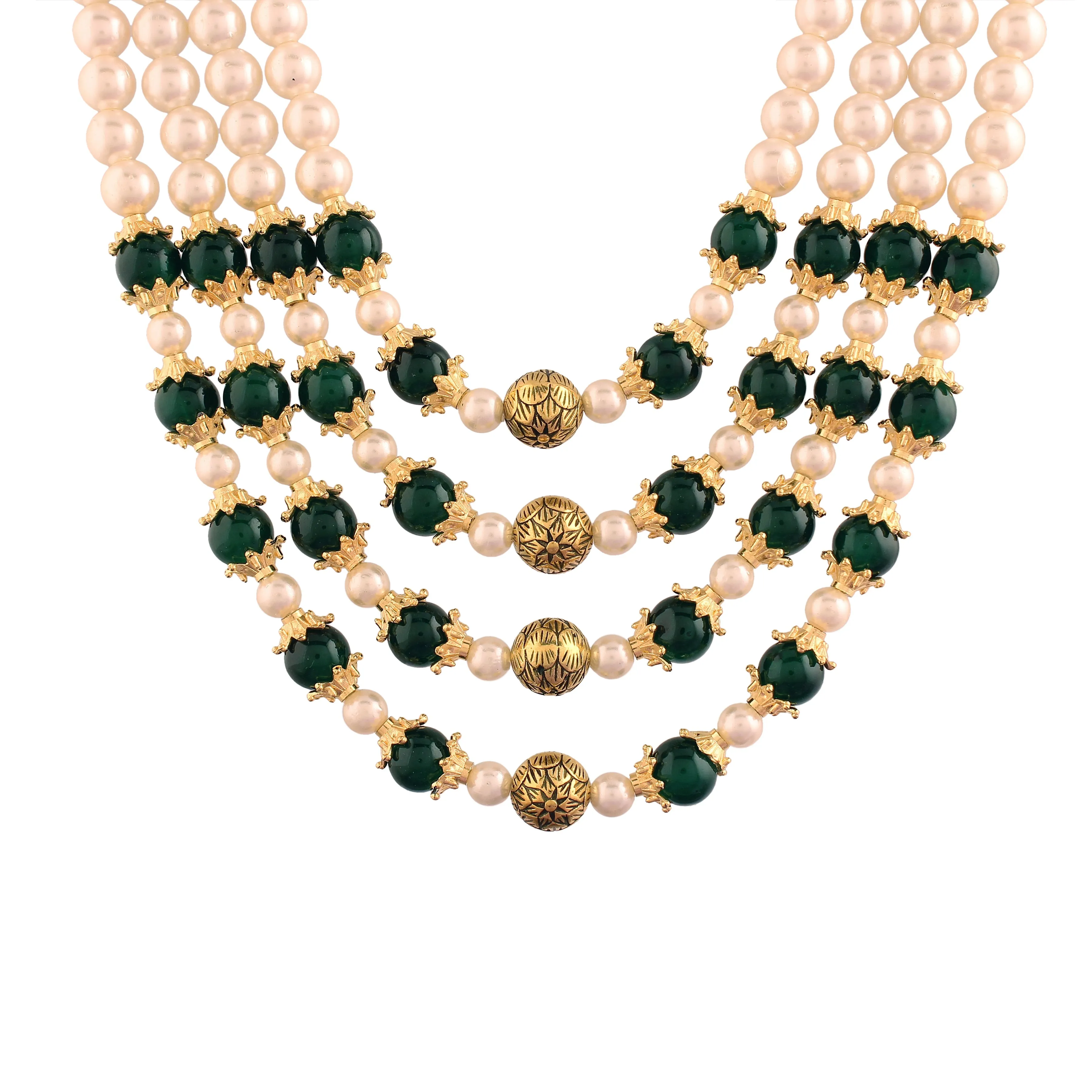 3 Layered Traditional Gold Plated Dulha Moti Mala with Stone Maharaja Haar/Groom Necklace For Men