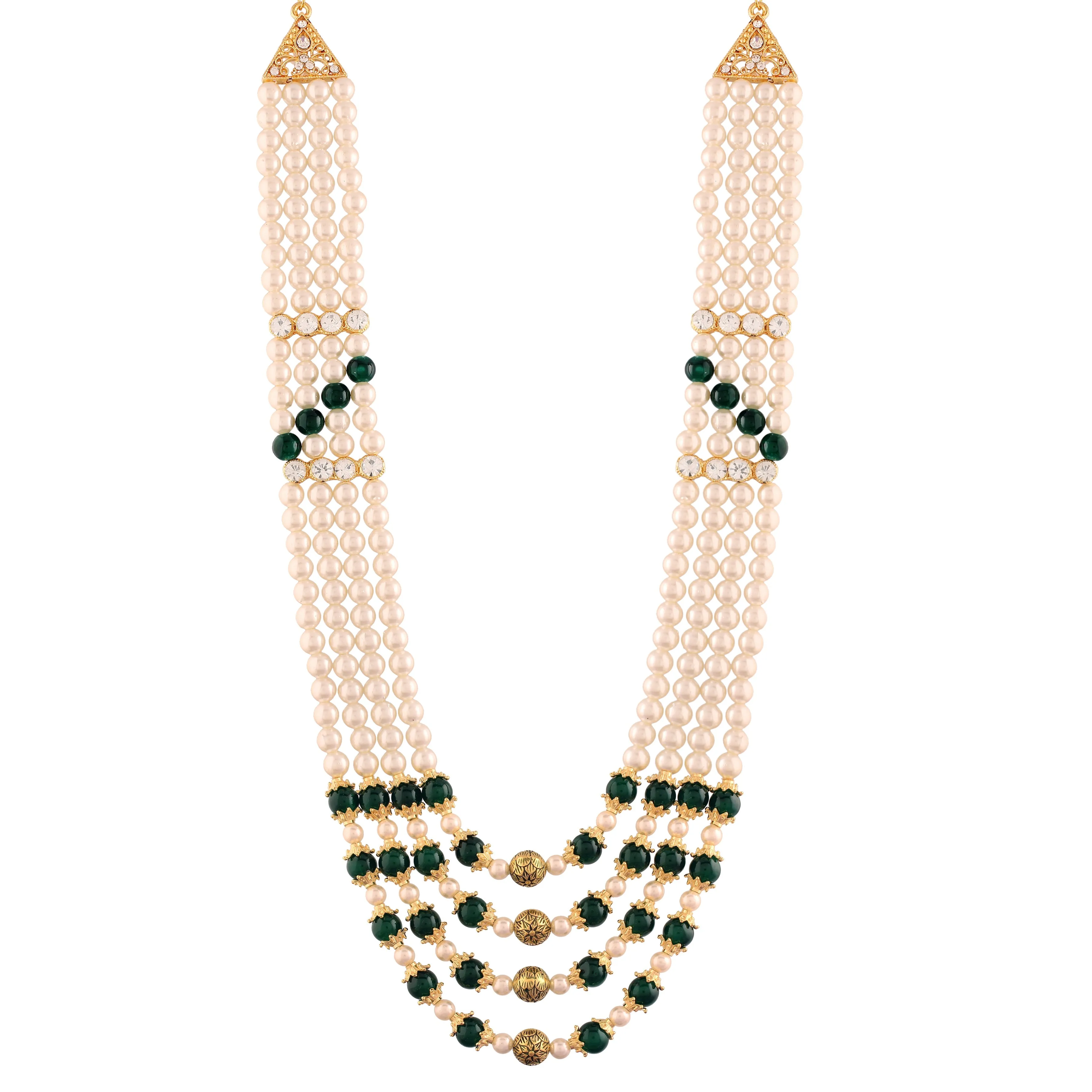 3 Layered Traditional Gold Plated Dulha Moti Mala with Stone Maharaja Haar/Groom Necklace For Men