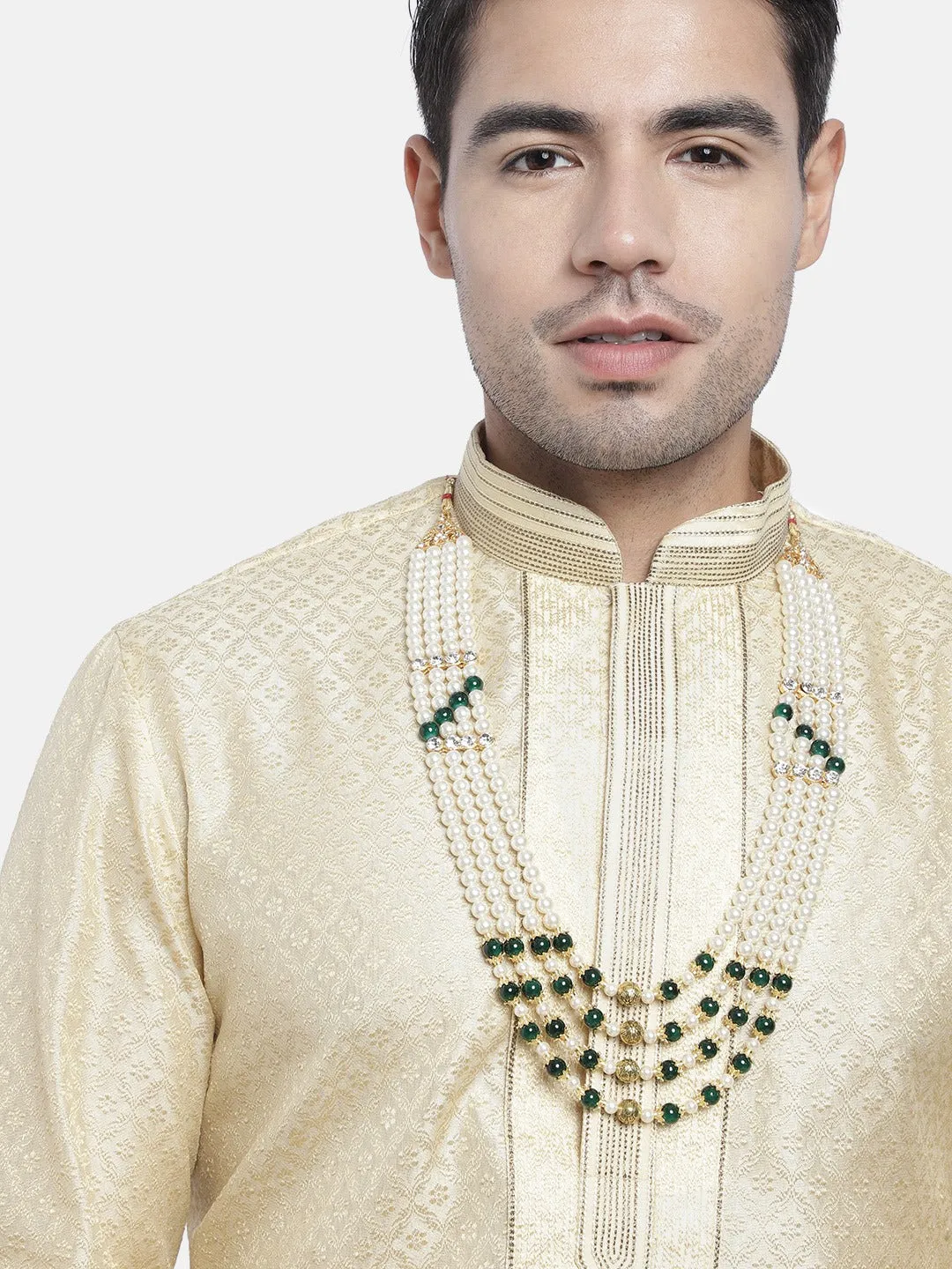 3 Layered Traditional Gold Plated Dulha Moti Mala with Stone Maharaja Haar/Groom Necklace For Men