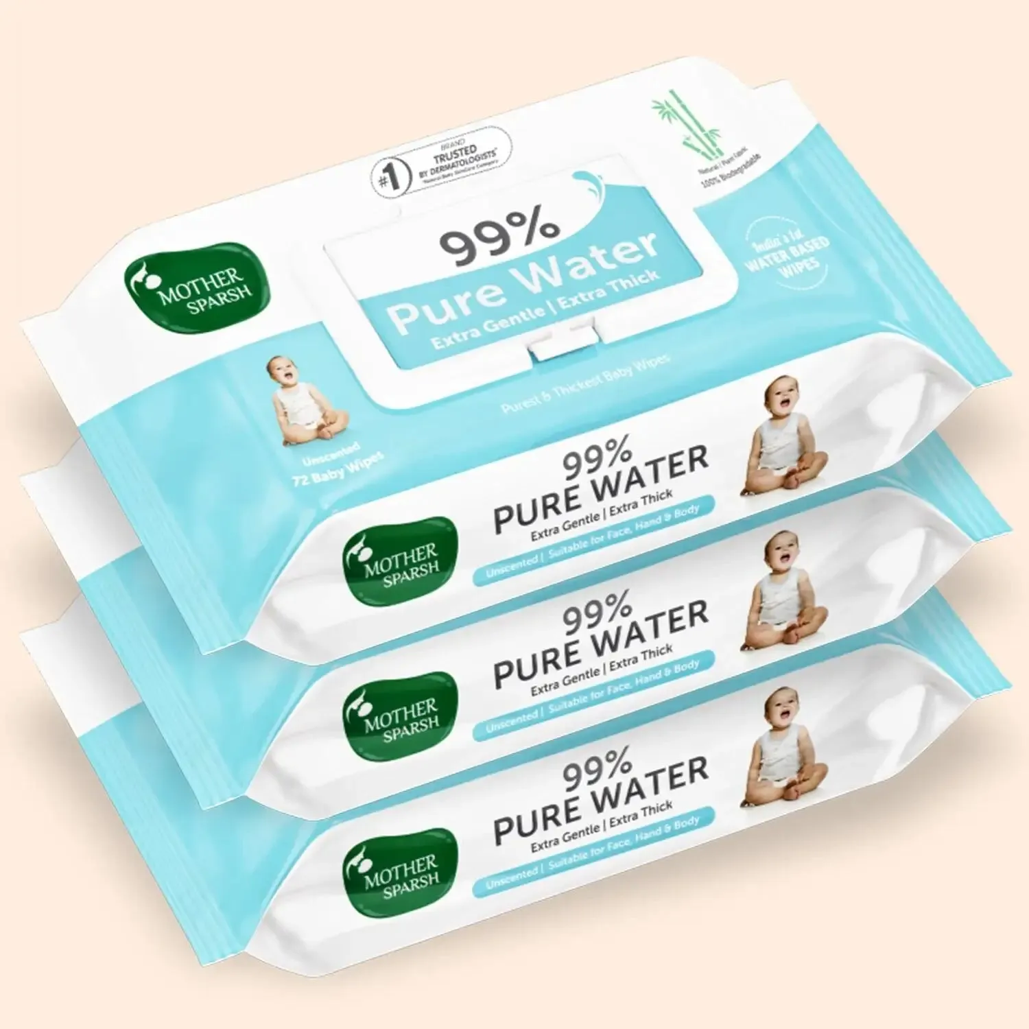 99% Pure Water Unscented Baby Wipes - Medical Grade Fabric (72 pcs)