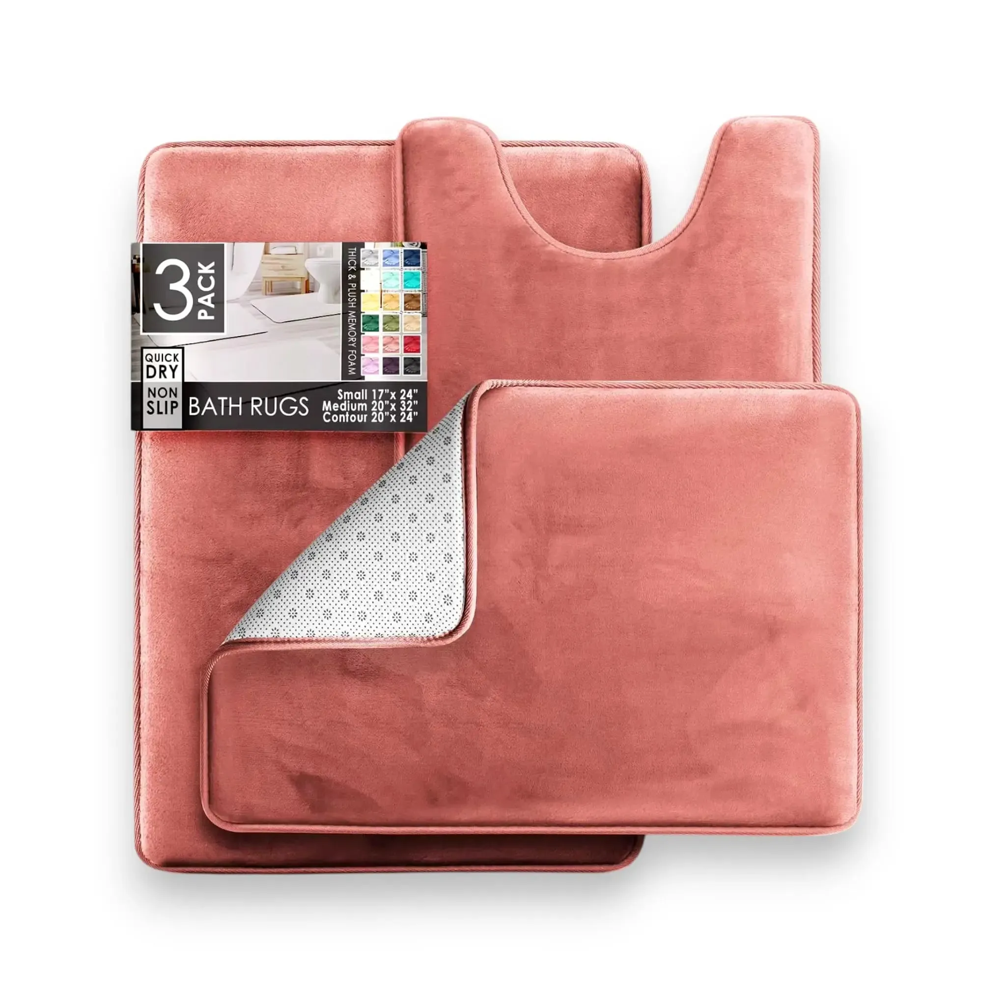 Bathroom Rugs Set – 3PC Memory Foam Bath Mats, Non-Slip & Quick-Dry