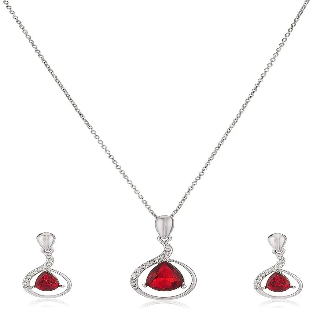 Estele - 24 KT Rhodium plated Pendant Set with Austrian Crystals Aand red stones for Women