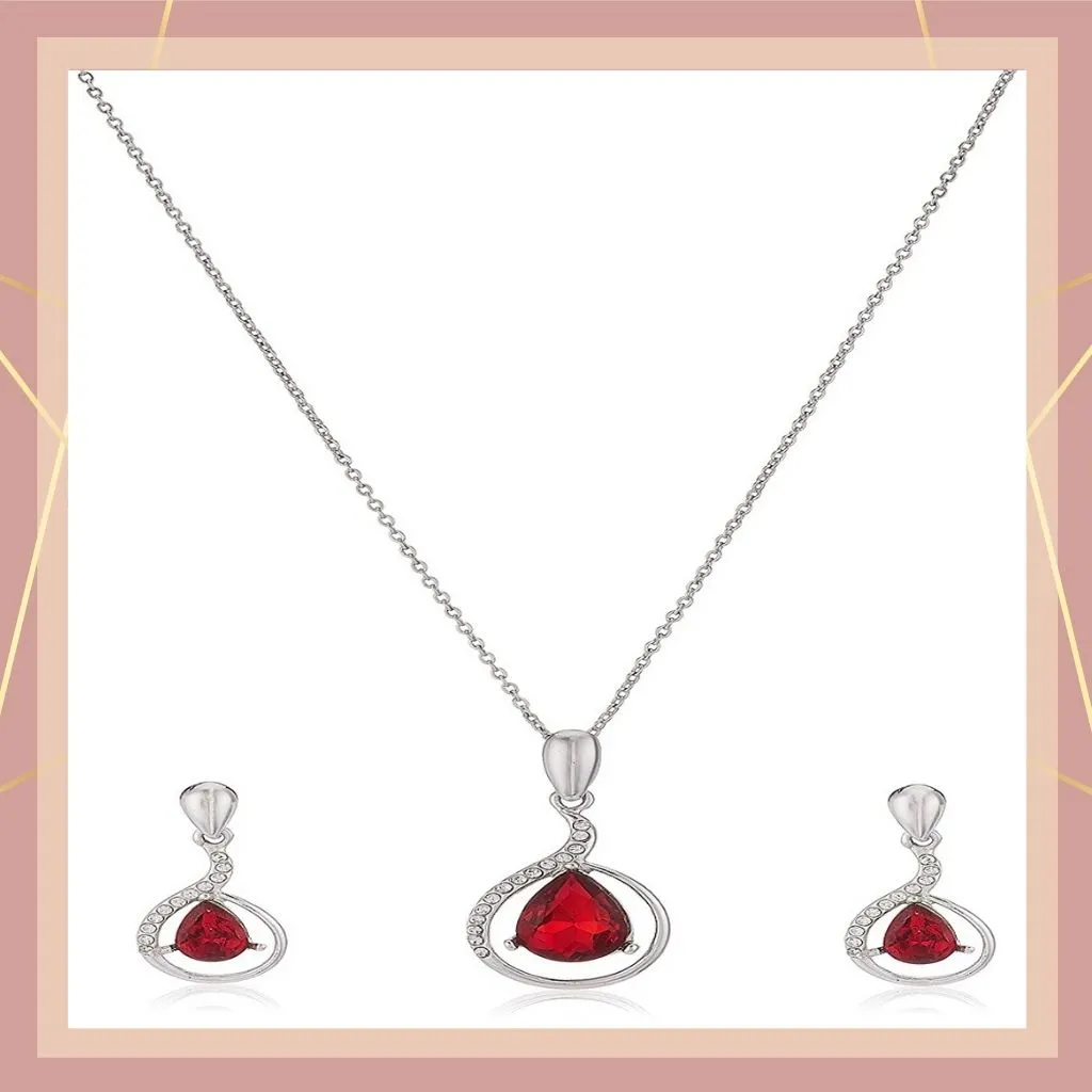 Estele - 24 KT Rhodium plated Pendant Set with Austrian Crystals Aand red stones for Women