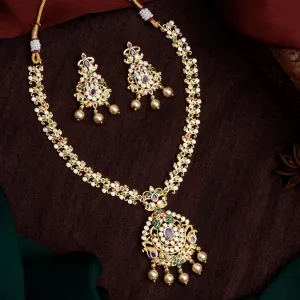 Estele Gold Plated CZ Ethnic Style Bridal Long Necklace set with Pearls & Colored Stones for Women