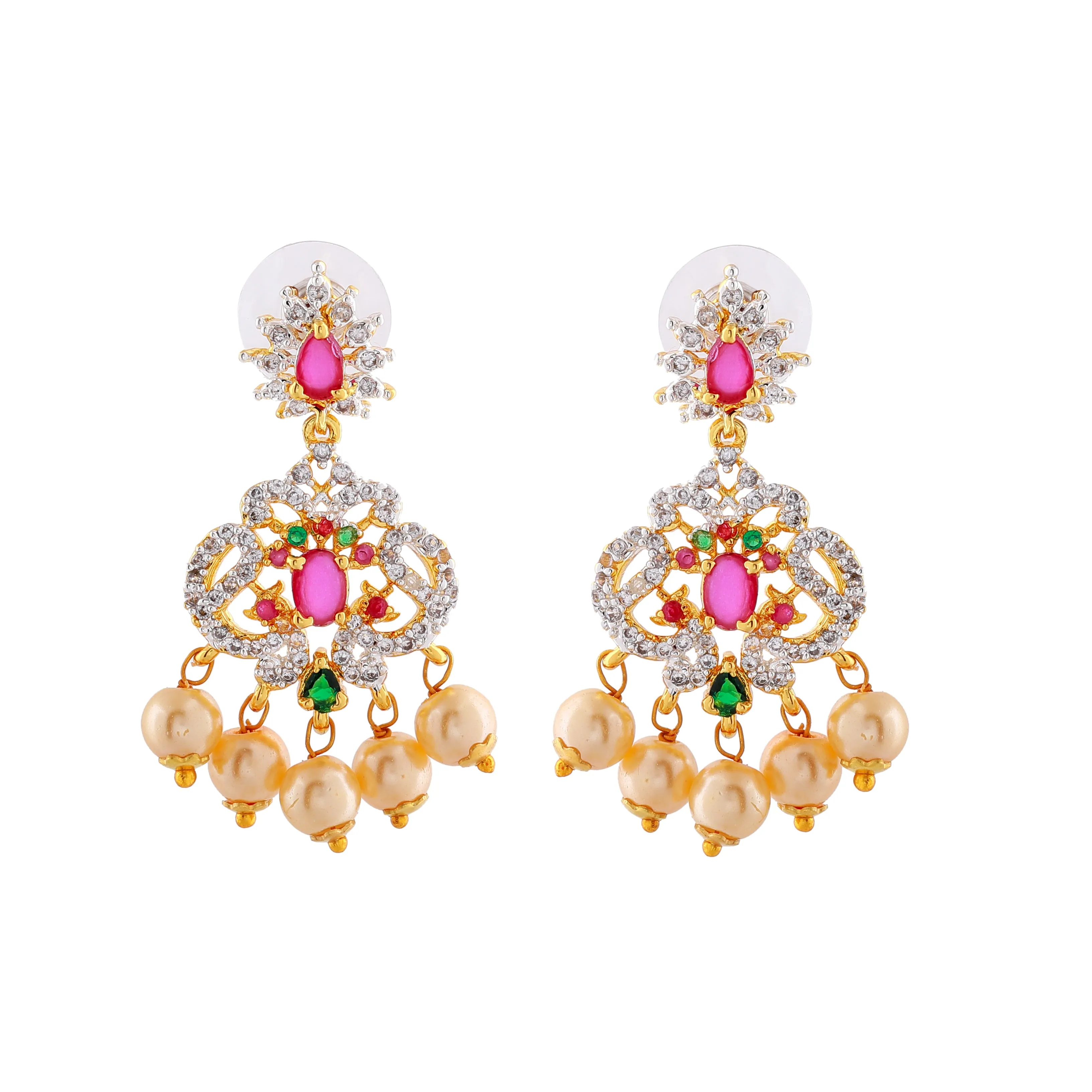 Estele Gold Plated CZ Peacock Inspired Long Necklace set with Pearls & Colored stones for Women