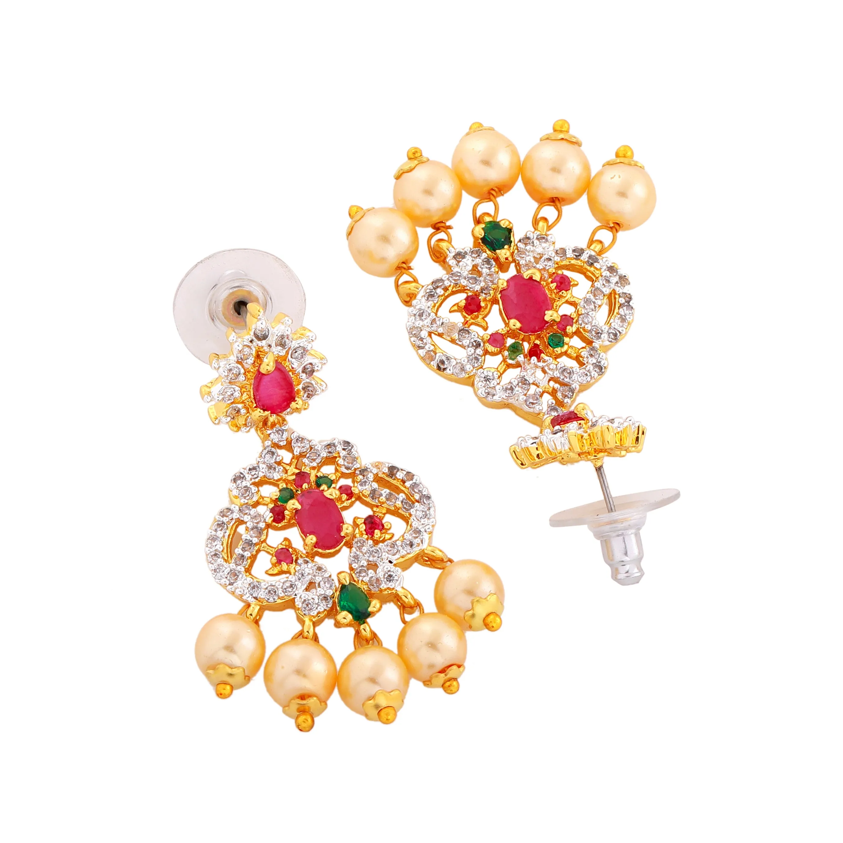 Estele Gold Plated CZ Peacock Inspired Long Necklace set with Pearls & Colored stones for Women