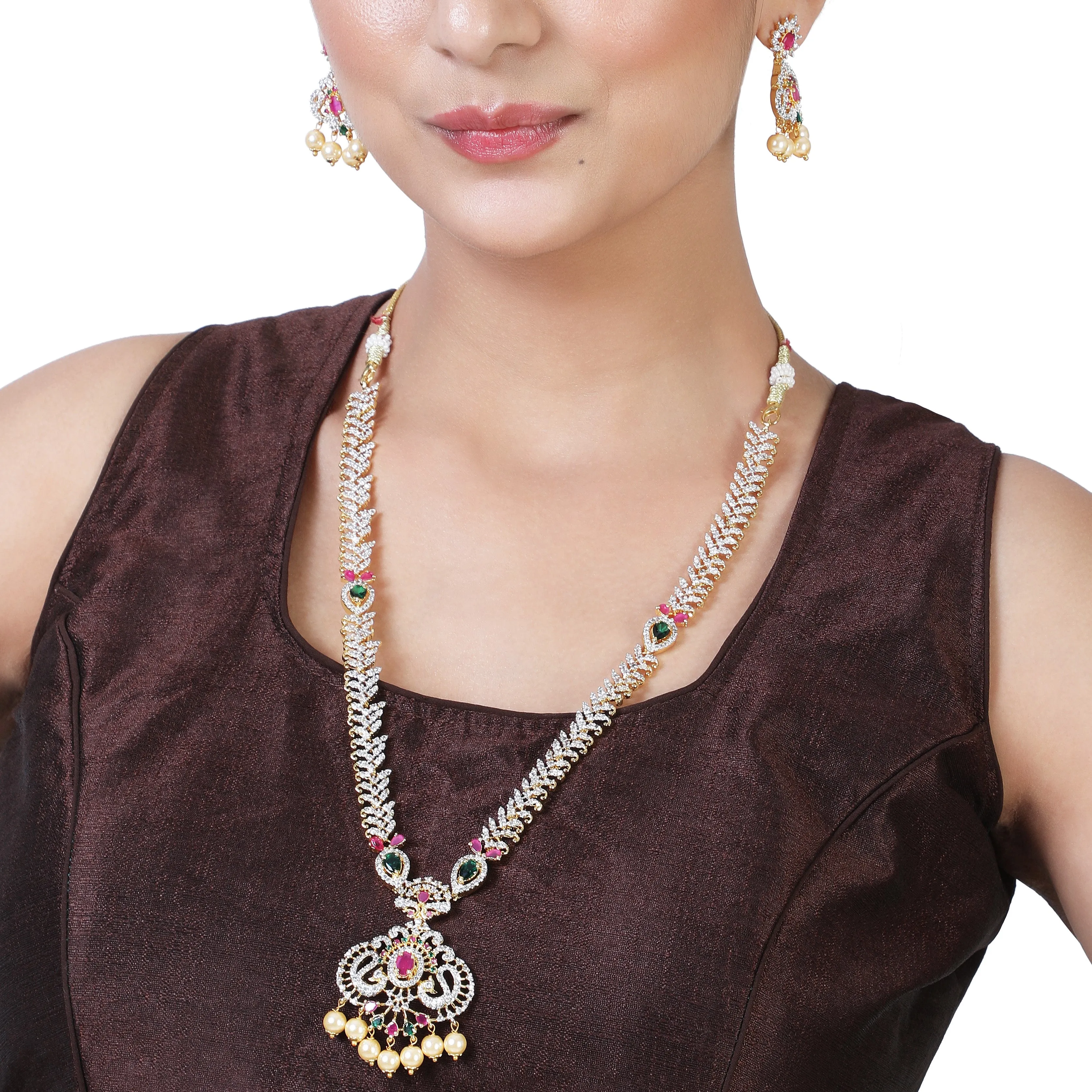 Estele Gold Plated CZ Peacock Inspired Long Necklace set with Pearls & Colored stones for Women