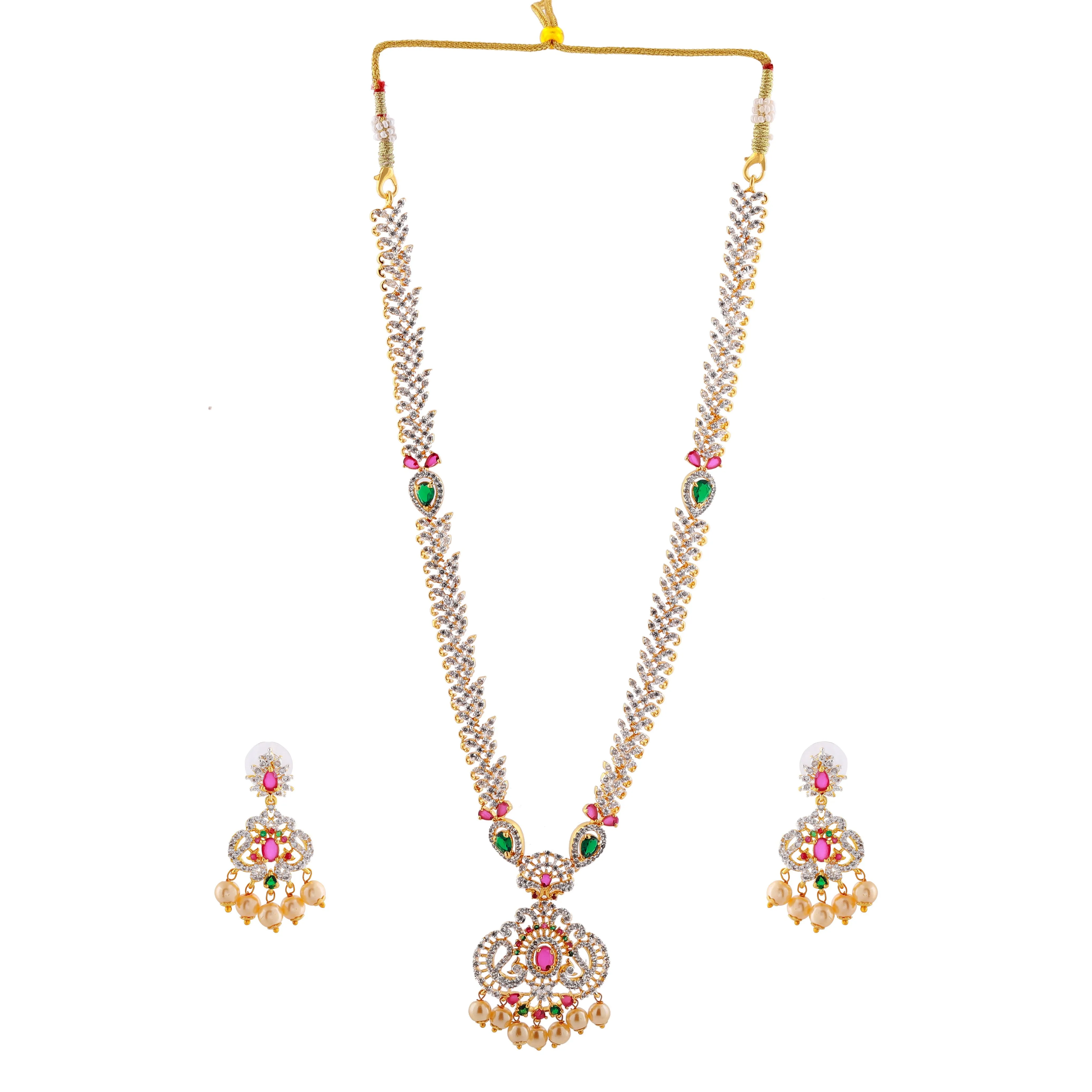 Estele Gold Plated CZ Peacock Inspired Long Necklace set with Pearls & Colored stones for Women