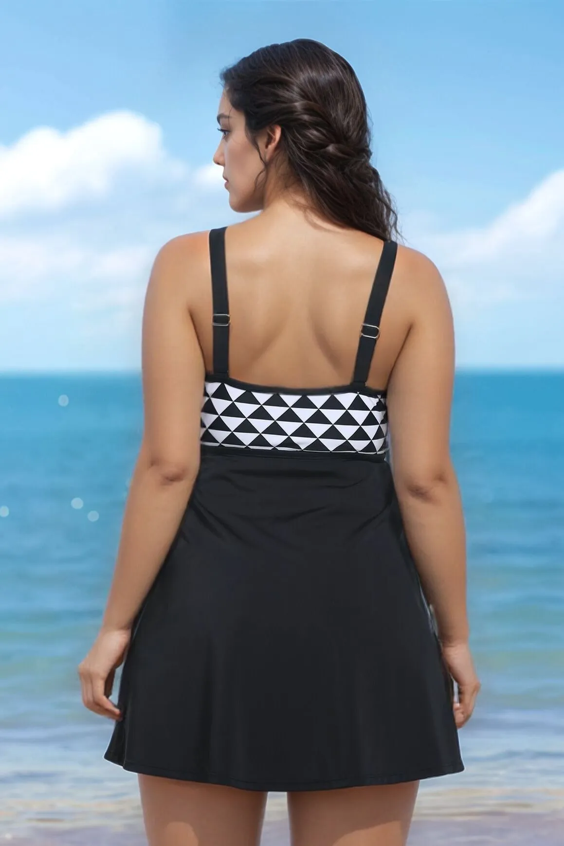 FULLFITALL - Black Geometric Macrame High Neck One Piece Swimdress