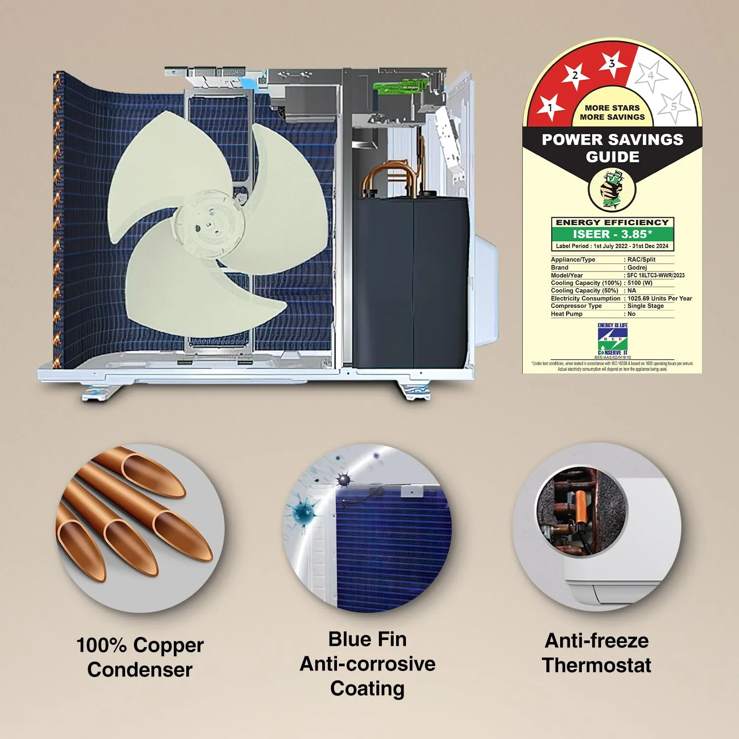 Godrej SFC 18LTC3-WWR 1.5 Ton 3 Star, 4-Way Air Swing, Fixed Speed Split AC (Copper, Anti-Dust Filter,  AC 1.5T  White)