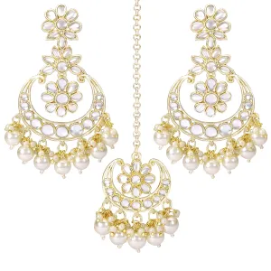 Gold Plated Traditional Handcrafted Kundan Adorned With Pearls Earrings With Maang Tikka Set For Women