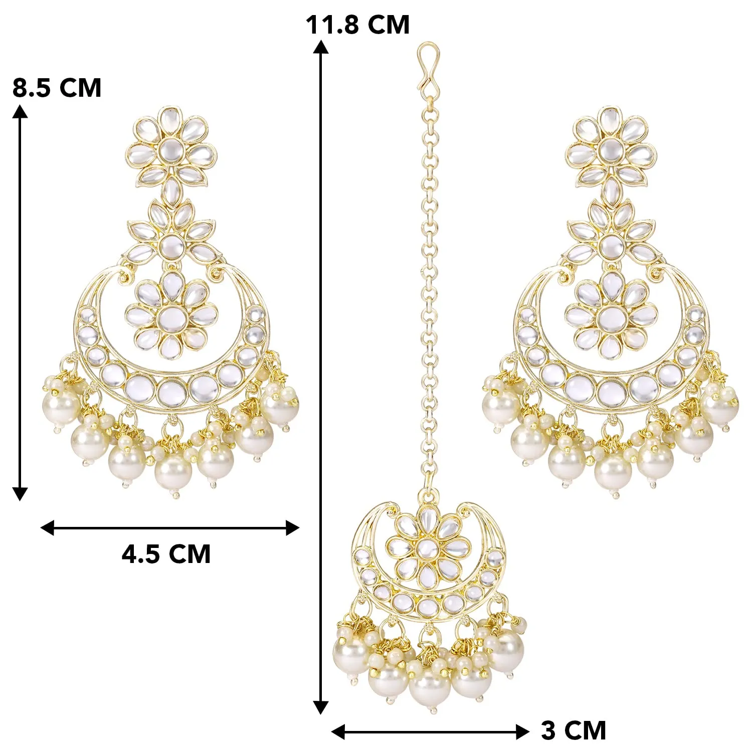 Gold Plated Traditional Handcrafted Kundan Adorned With Pearls Earrings With Maang Tikka Set For Women