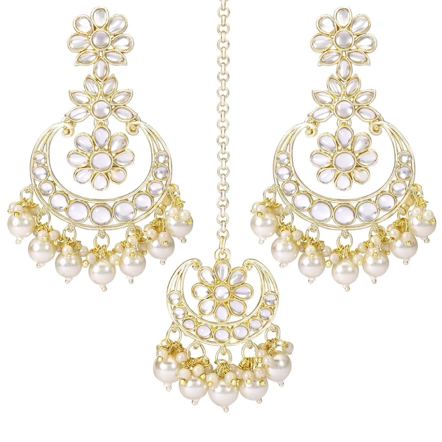 Gold Plated Traditional Handcrafted Kundan Adorned With Pearls Earrings With Maang Tikka Set For Women