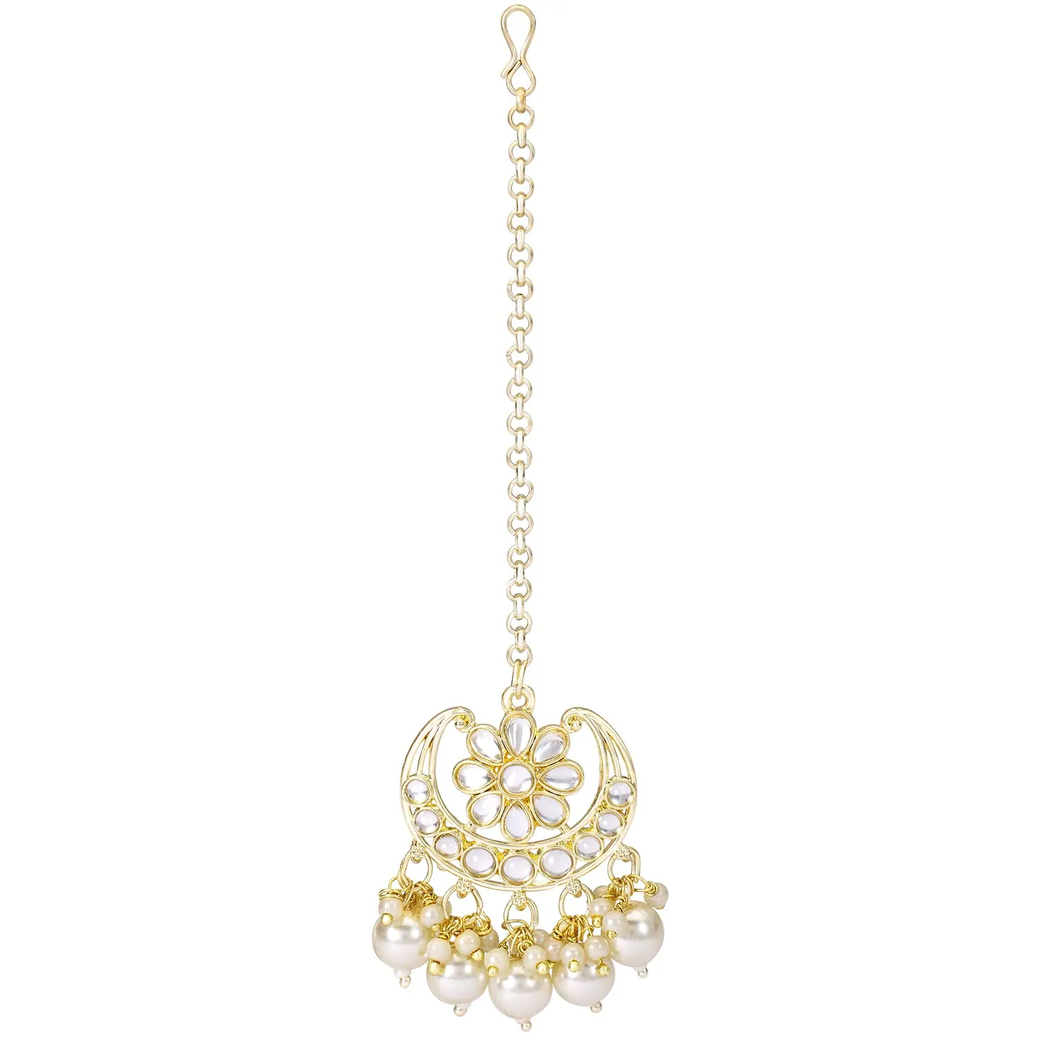 Gold Plated Traditional Handcrafted Kundan Adorned With Pearls Earrings With Maang Tikka Set For Women