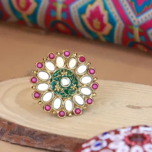Gold Plated Traditional Kundan Studded Designer Adjustable Finger Ring for Women