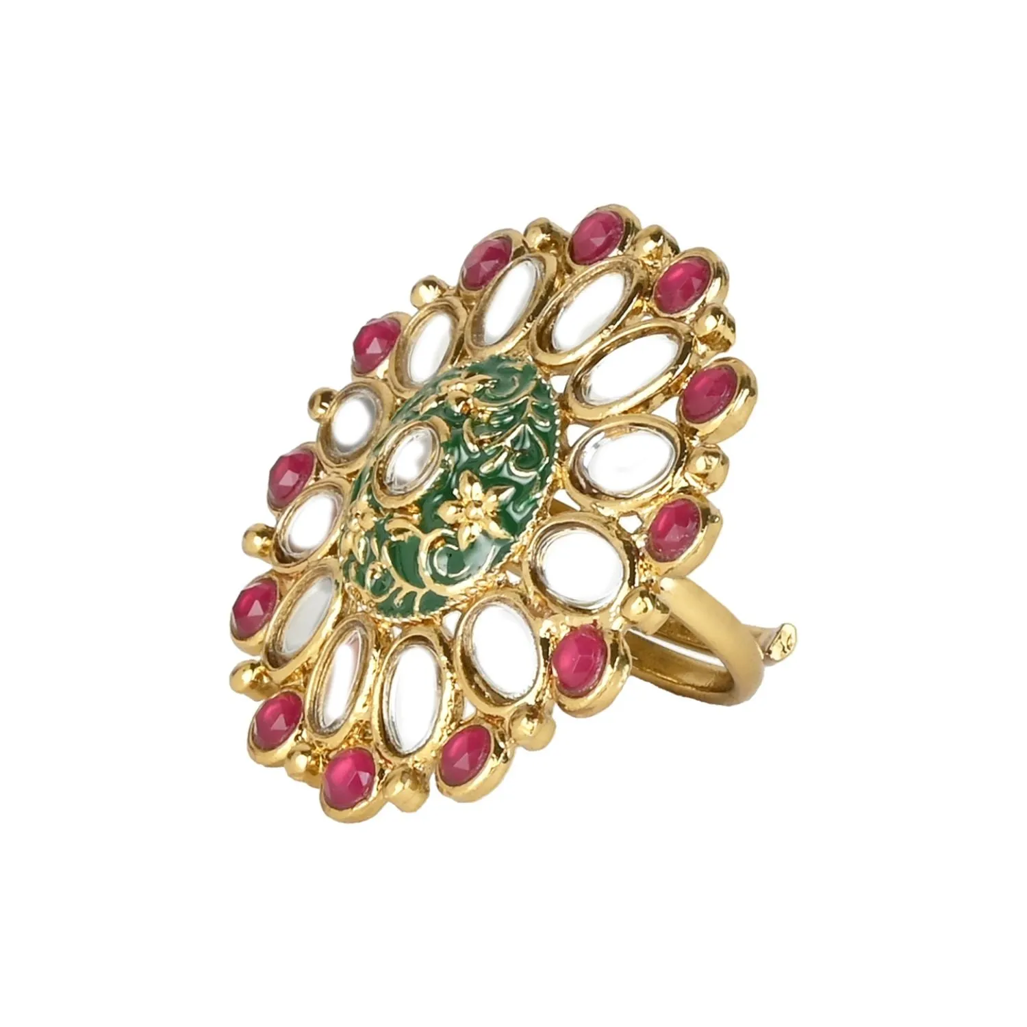 Gold Plated Traditional Kundan Studded Designer Adjustable Finger Ring for Women