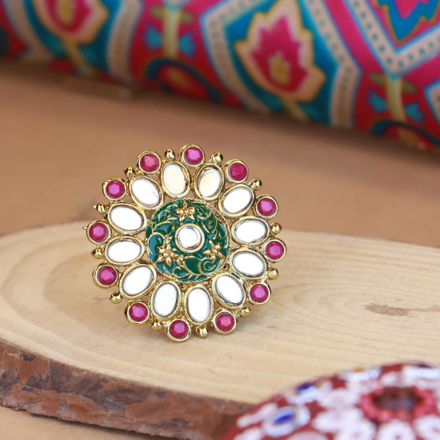 Gold Plated Traditional Kundan Studded Designer Adjustable Finger Ring for Women