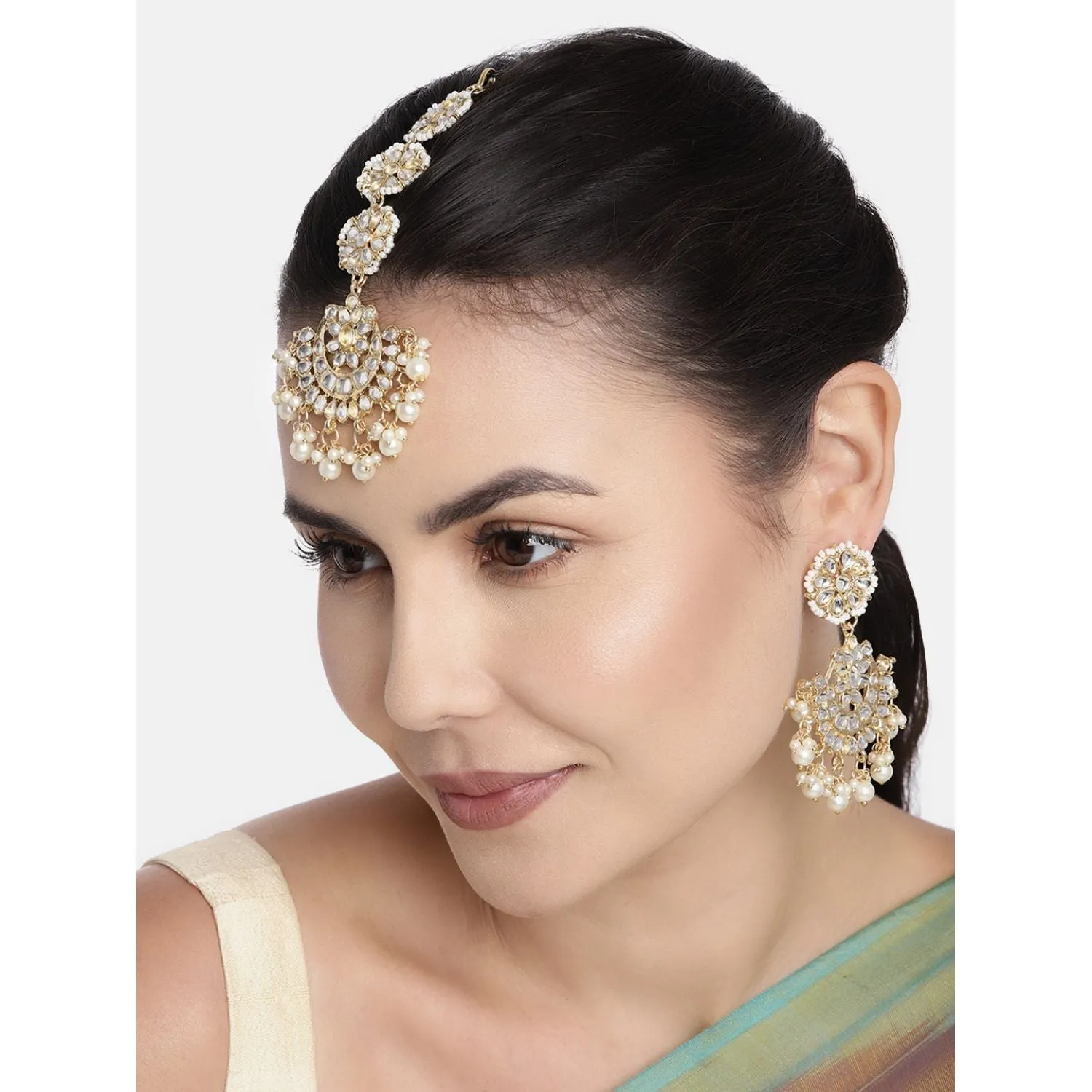 Gold Plated With Stunning Matte Finish Traditional Kundan & Faux Pearl Chandbali Earrings With Maang Tikka Set