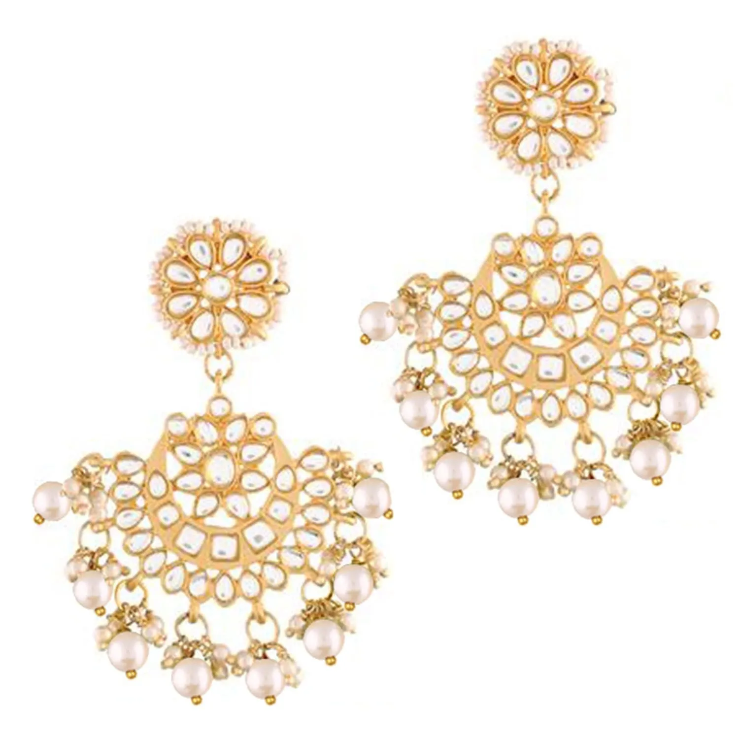 Gold Plated With Stunning Matte Finish Traditional Kundan & Faux Pearl Chandbali Earrings With Maang Tikka Set