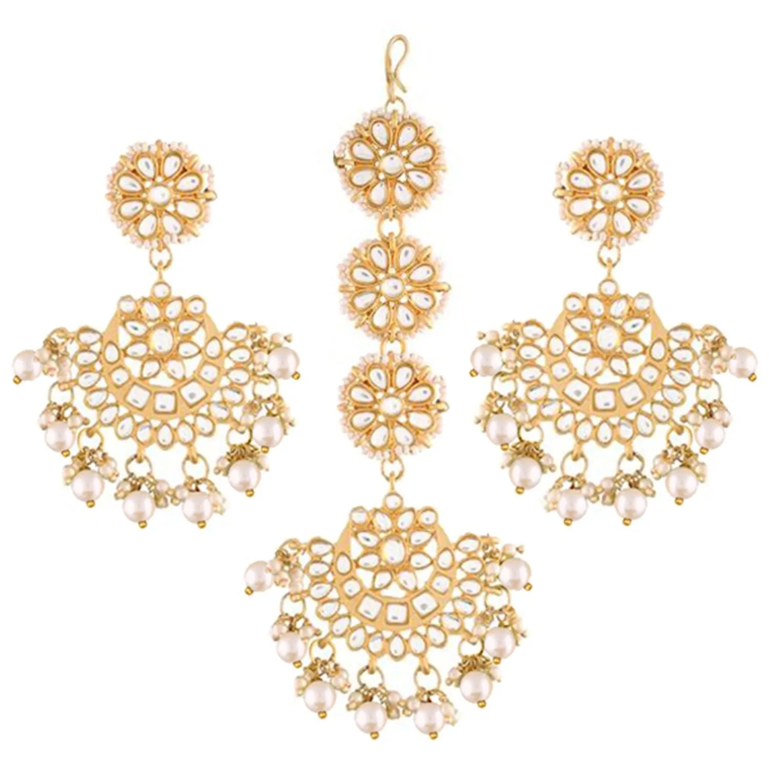 Gold Plated With Stunning Matte Finish Traditional Kundan & Faux Pearl Chandbali Earrings With Maang Tikka Set