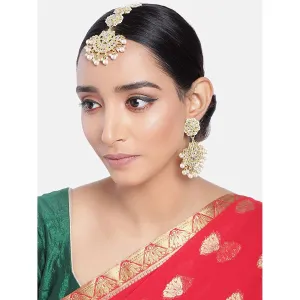 Gold Plated With Stunning Matte Finish Traditional Kundan & Faux Pearl Chandbali Earrings With Maang Tikka Set