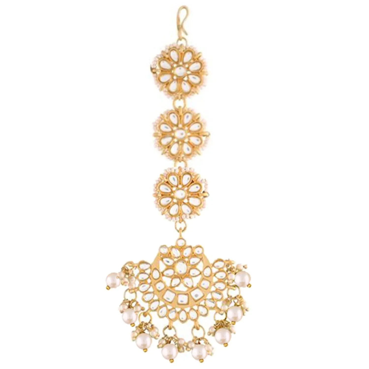 Gold Plated With Stunning Matte Finish Traditional Kundan & Faux Pearl Chandbali Earrings With Maang Tikka Set