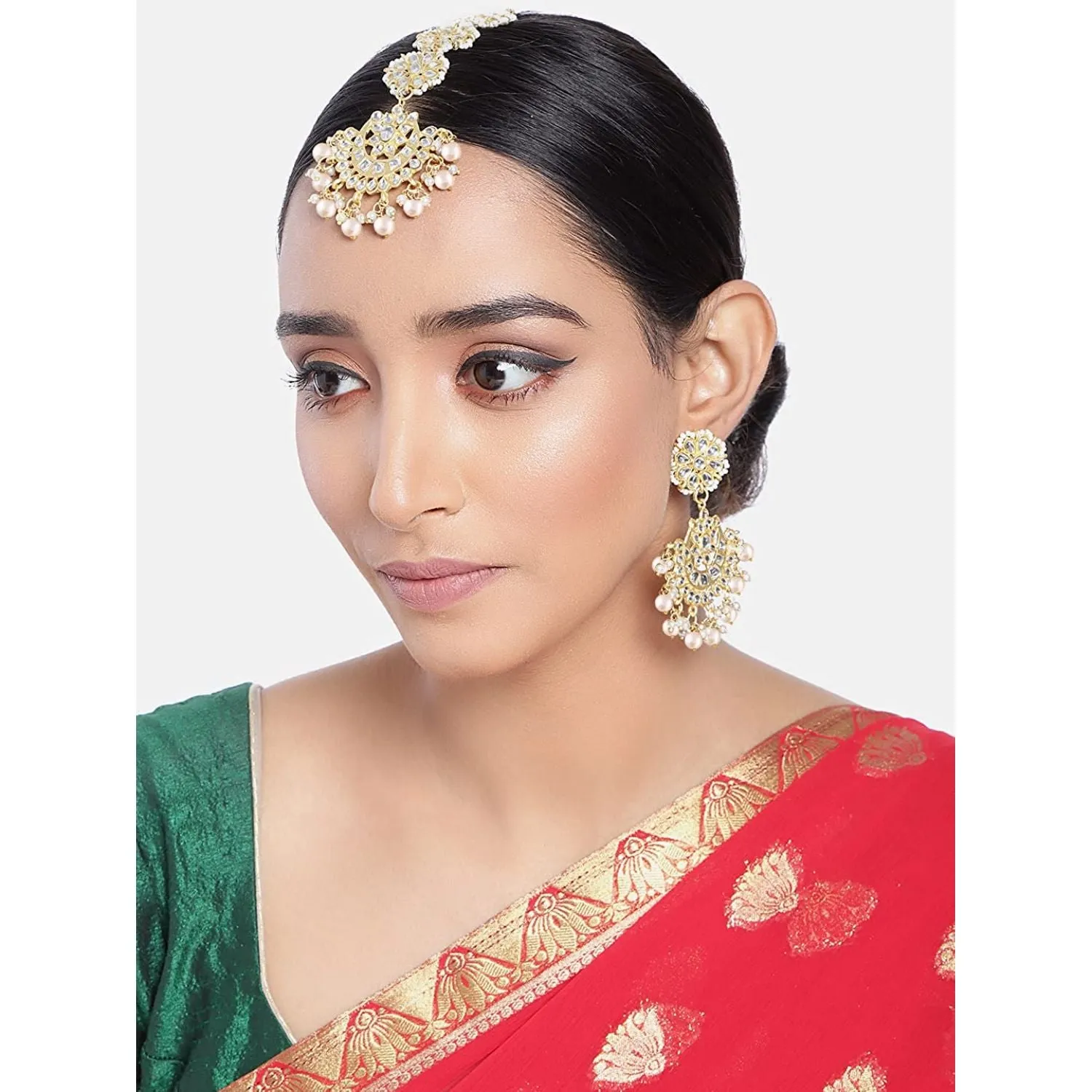 Gold Plated With Stunning Matte Finish Traditional Kundan & Faux Pearl Chandbali Earrings With Maang Tikka Set