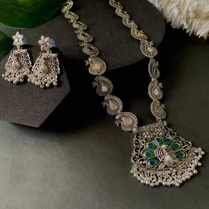 Navratri Ethnic Silver Oxidised Ghungroo Long Necklace Jewellery With Jhumka Earrings Set For Women/Girls