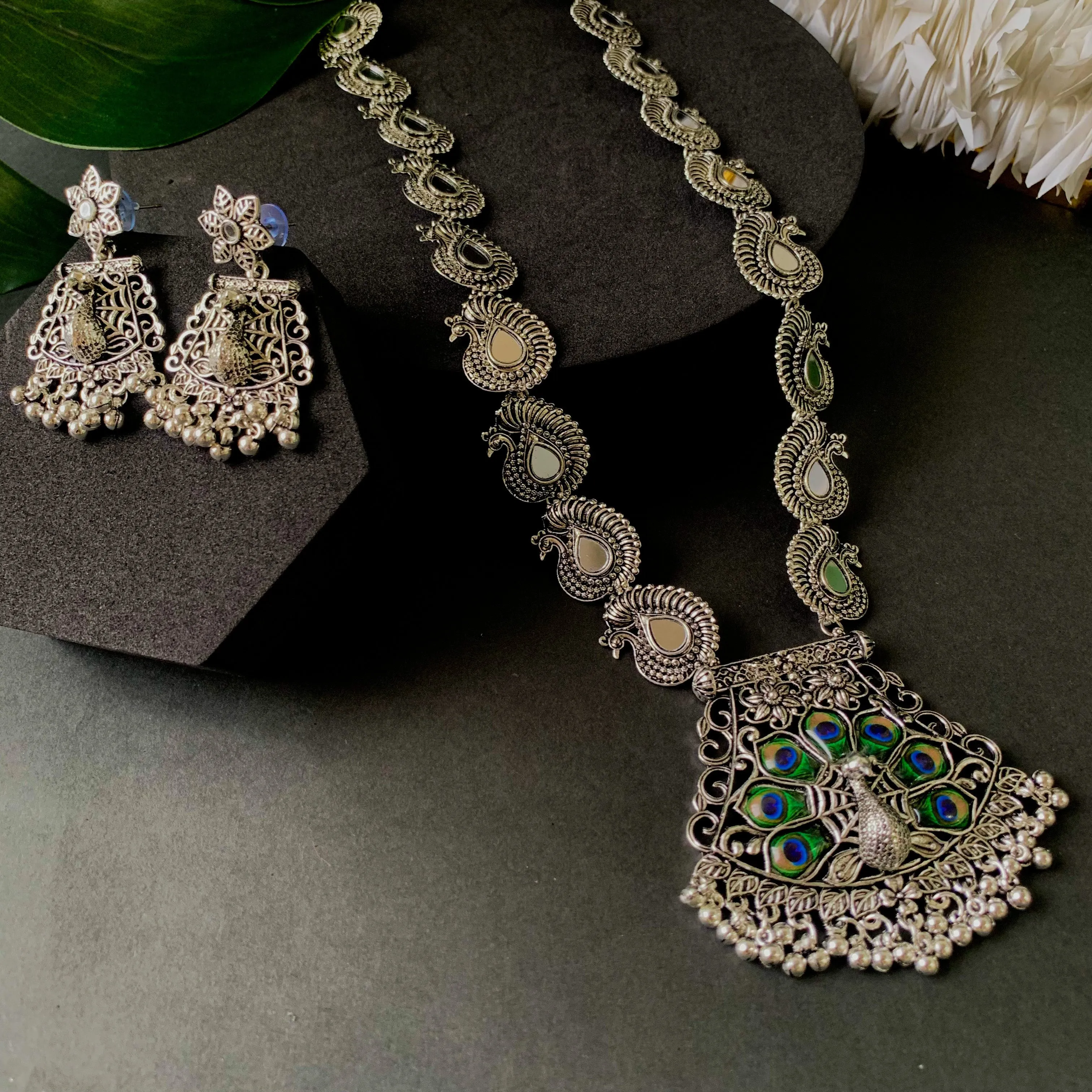 Navratri Ethnic Silver Oxidised Ghungroo Long Necklace Jewellery With Jhumka Earrings Set For Women/Girls