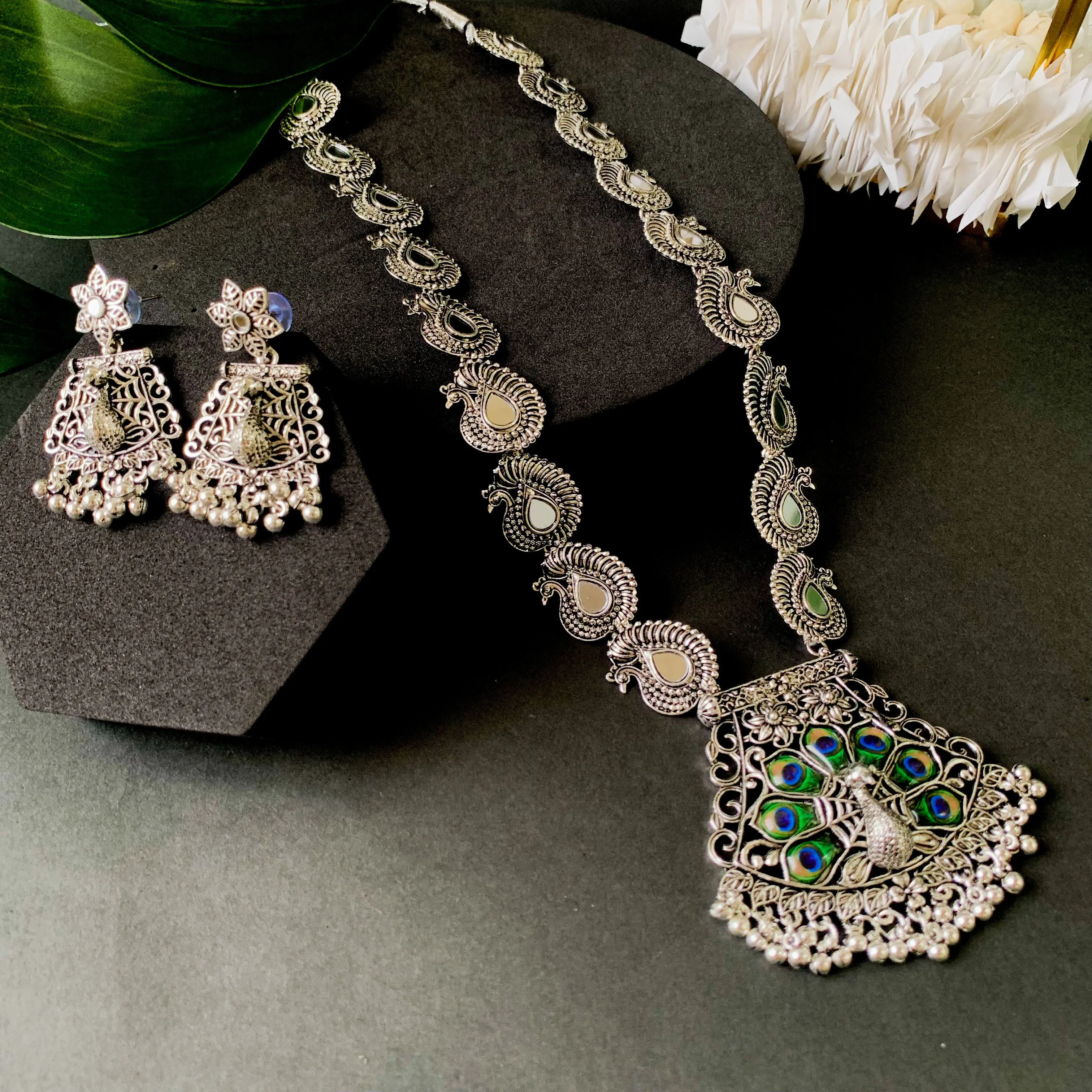 Navratri Ethnic Silver Oxidised Ghungroo Long Necklace Jewellery With Jhumka Earrings Set For Women/Girls