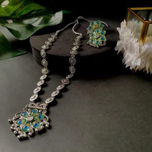 Navratri Ethnic Silver Oxidised Peacock Feather Ghungroo Long Necklace Jewellery Set For Women/Girls
