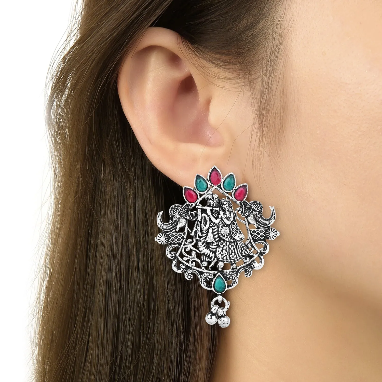 Navratri Ethnic Stylish Silver Oxidised Radha Krishna Design Long Necklace Jewellery Set for Women And Girls