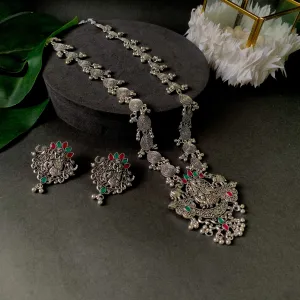 Navratri Ethnic Stylish Silver Oxidised Radha Krishna Design Long Necklace Jewellery Set for Women And Girls