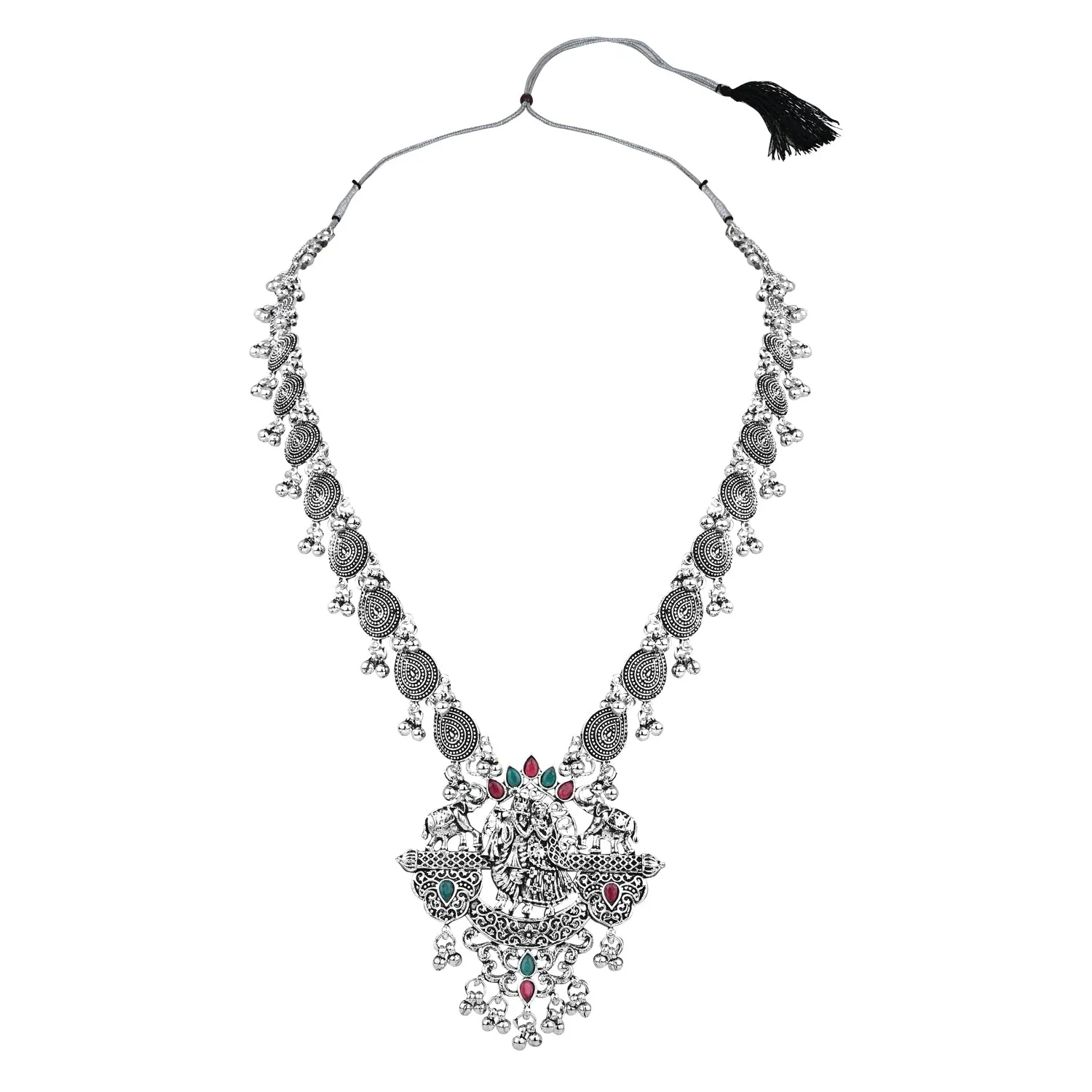 Navratri Ethnic Stylish Silver Oxidised Radha Krishna Design Long Necklace Jewellery Set for Women And Girls