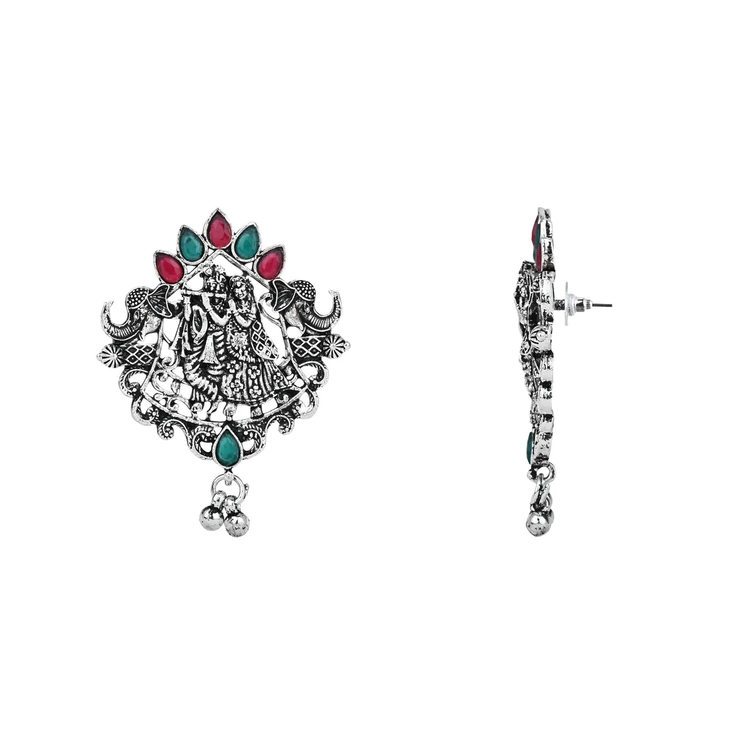 Navratri Ethnic Stylish Silver Oxidised Radha Krishna Design Long Necklace Jewellery Set for Women And Girls