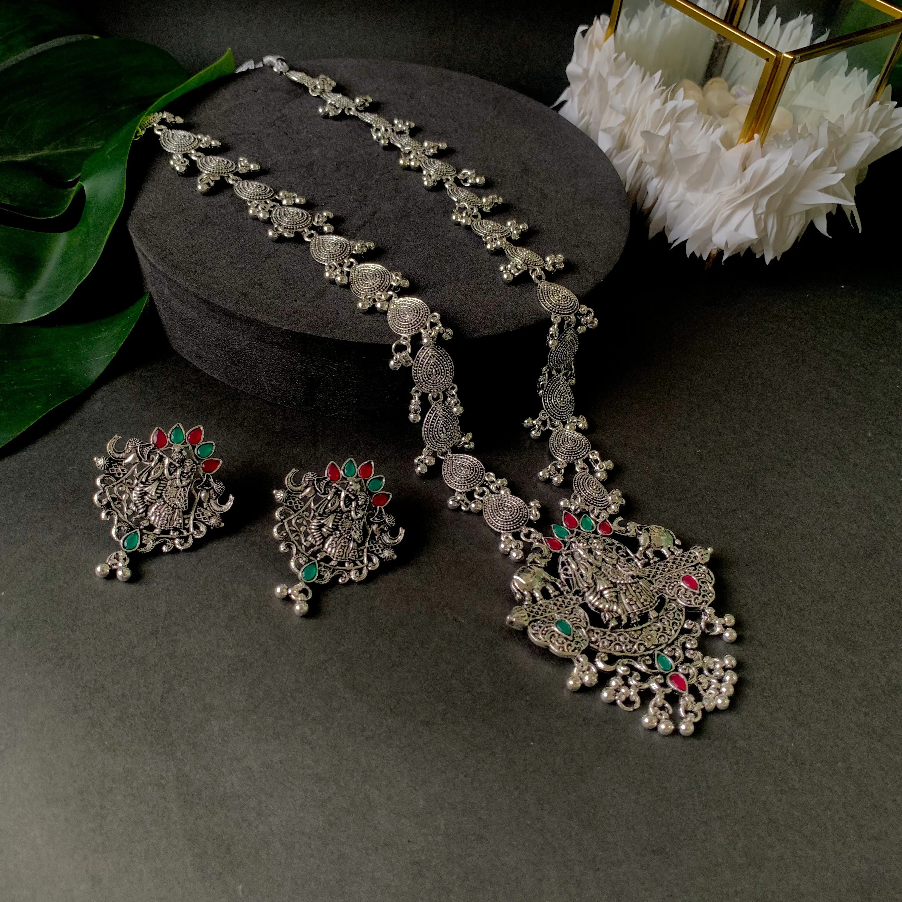 Navratri Ethnic Stylish Silver Oxidised Radha Krishna Design Long Necklace Jewellery Set for Women And Girls
