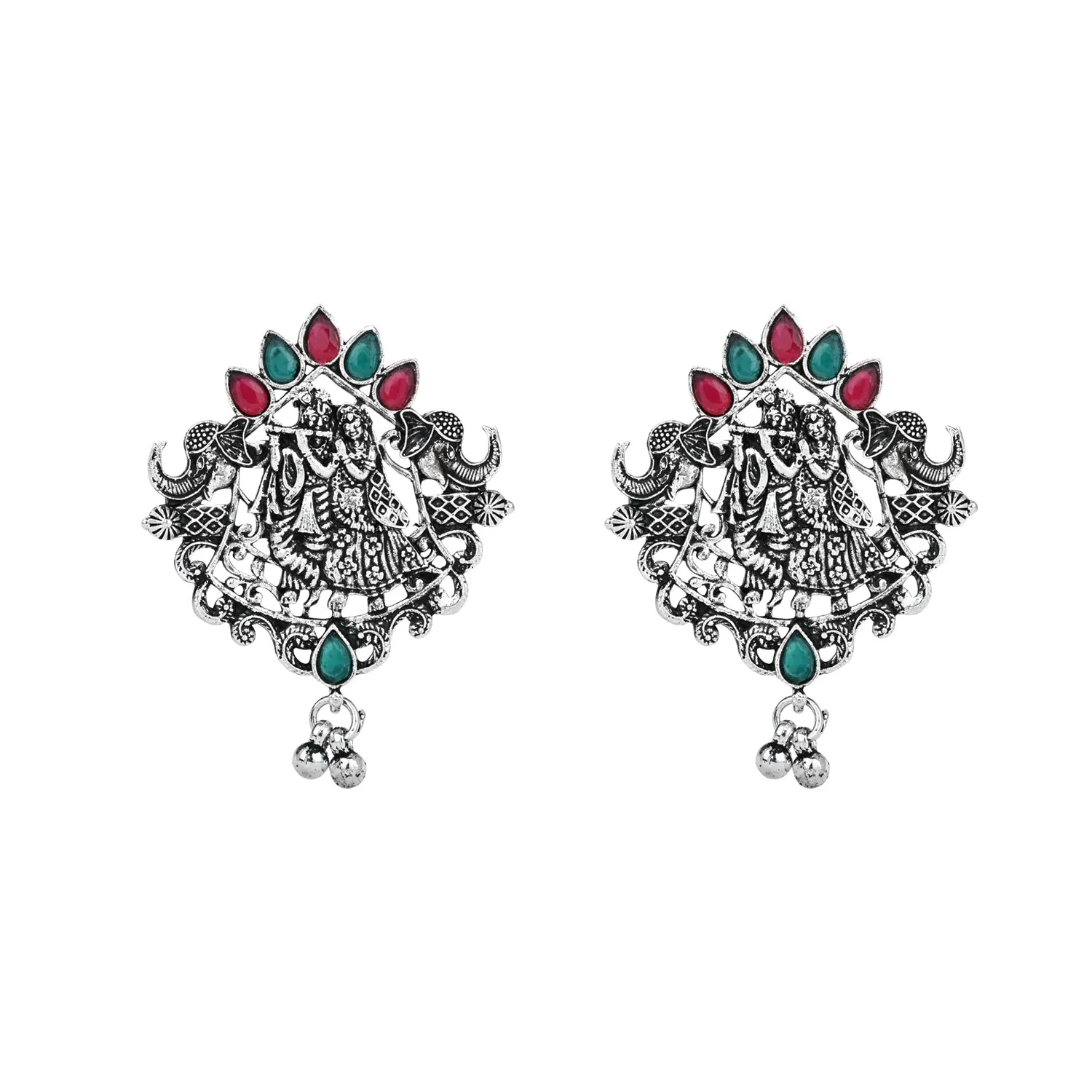 Navratri Ethnic Stylish Silver Oxidised Radha Krishna Design Long Necklace Jewellery Set for Women And Girls
