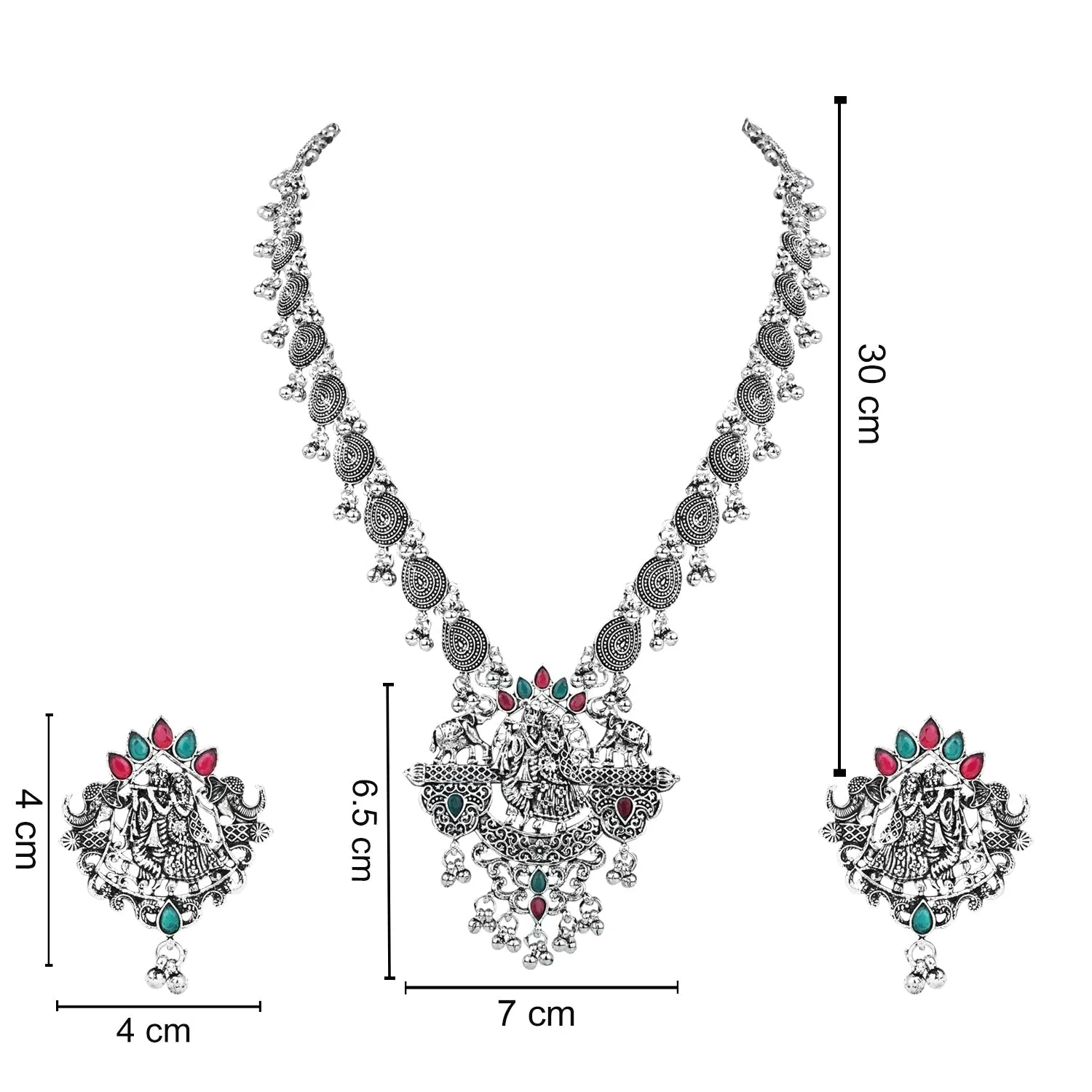 Navratri Ethnic Stylish Silver Oxidised Radha Krishna Design Long Necklace Jewellery Set for Women And Girls