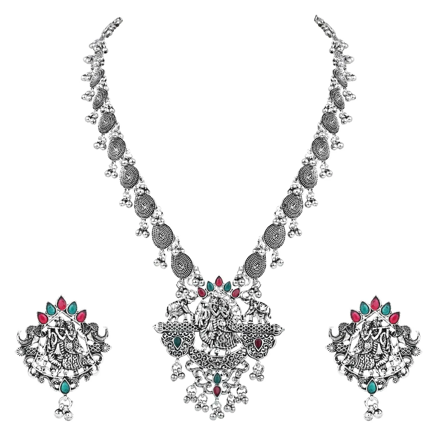 Navratri Ethnic Stylish Silver Oxidised Radha Krishna Design Long Necklace Jewellery Set for Women And Girls