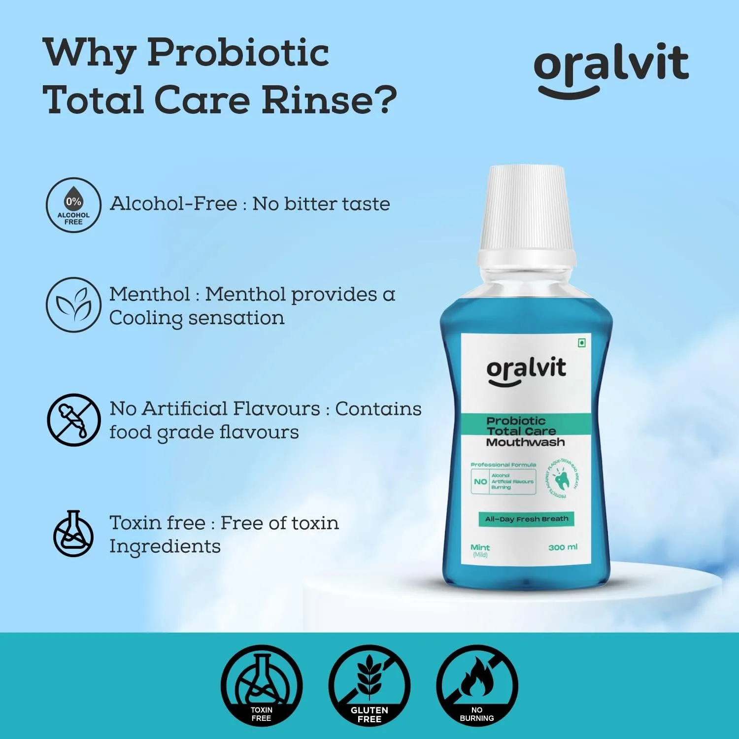 Oralvit Mouth Freshner Combo | Baking Soda Toothpaste & Total Care Mouthwash | For Dental Hygiene and Freshness - Mint  (100g, 300ml)