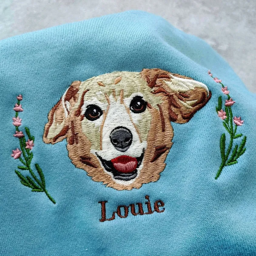 Personalized Embroidered Pet Face with Wreath Sweatshirt For Pet Lovers