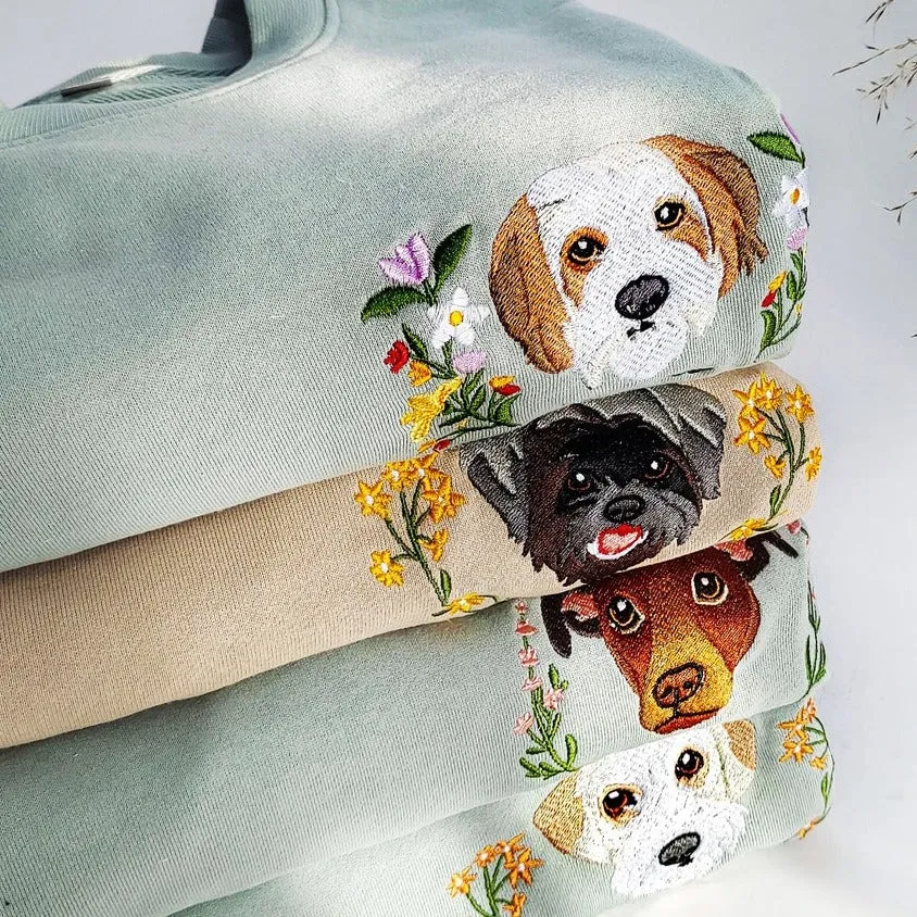 Personalized Embroidered Pet Face with Wreath Sweatshirt For Pet Lovers