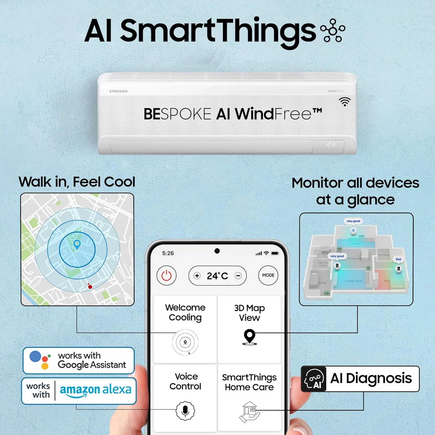 Samsung AR60F19D1ZW 1.5 Ton 5 Star Windfree AI Inverter Smart Split AC (WiFi, Copper, Digital Inverter, 4 Way swing)